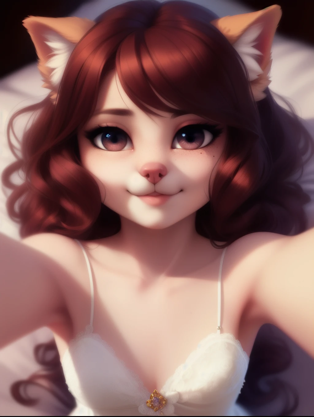 (source_e621), A beautiful and detailed (sweet portrait), ((young girl anthro domistic dog)), anatomically correct, Schlank, Small breasts, Hochgeladen E621, detailed flauschige fur, (von Fluff-Kevlar, Bayard Wu, personalami, Pino Daeni), 1girl, prom dress , adorable, facing viewer, on bed, ???????????????????, 1girl, realistic, ultra sharp image, view from above, (solo), first person view, cleavage, masterpiece, lying on her back, half body, beautiful hair, teeth, messy short hair, perfect eyes, bellybutton, absurd resolution, very young girl, snout, waiting, freckles , eyelashes, full body, fisheye view, (kissy face), (Kissing mouth), selfie, blowing a kiss ,