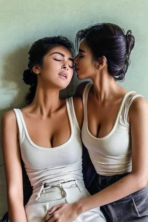 Romantic. Young indonesian Couple. a woman wearing unbottoned white shirt and gray bottoms, sexy woman, updo hairstyle. closed eyes, open mouth, Braless medium breast, cleavage (romantic lift hug). beautiful face. in the class room