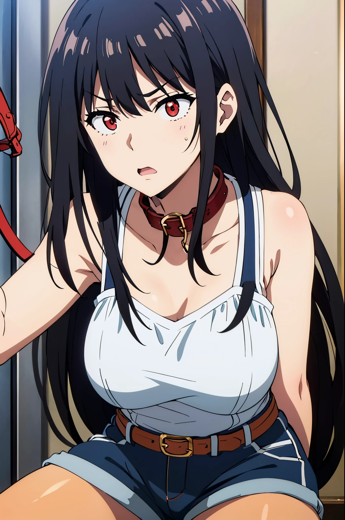 ((collar,leash,tied up,bondage,scared expression)),black hair,red eyes,shorts,top-tank
