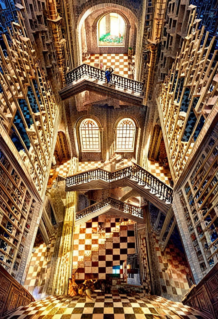 a Classic luxury villa, indoors, rooms, stairs leading to several tiled checkered floor platforms, infinity architecture impossible geometry, surrealist stairways everywhere, staircase fractals, photographic depth of field, caustics, 