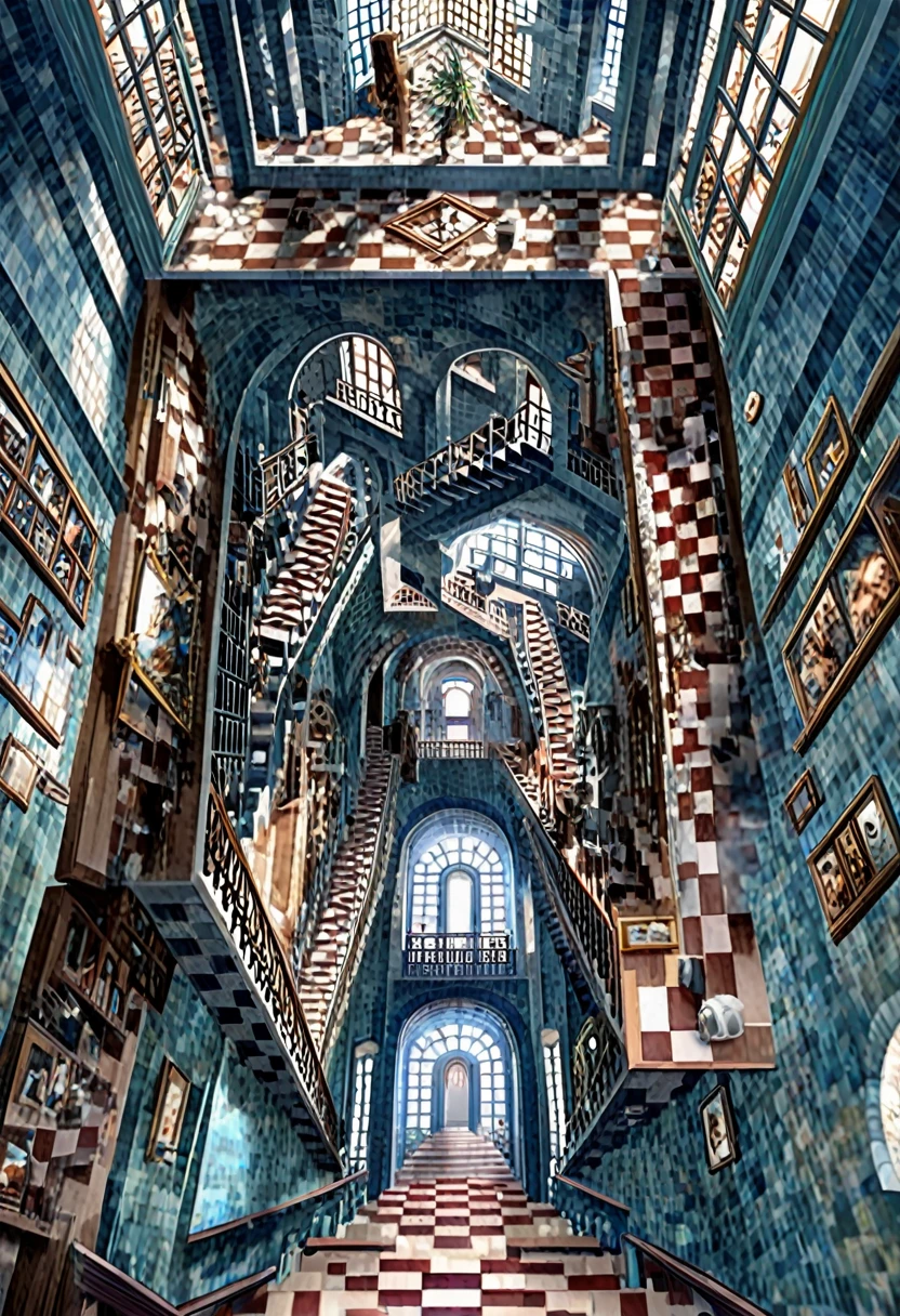 a Classic luxury villa, indoors, rooms, stairs leading to several tiled checkered floor platforms, infinity architecture impossible geometry, surrealist stairways everywhere, staircase fractals, photographic depth of field, caustics, 