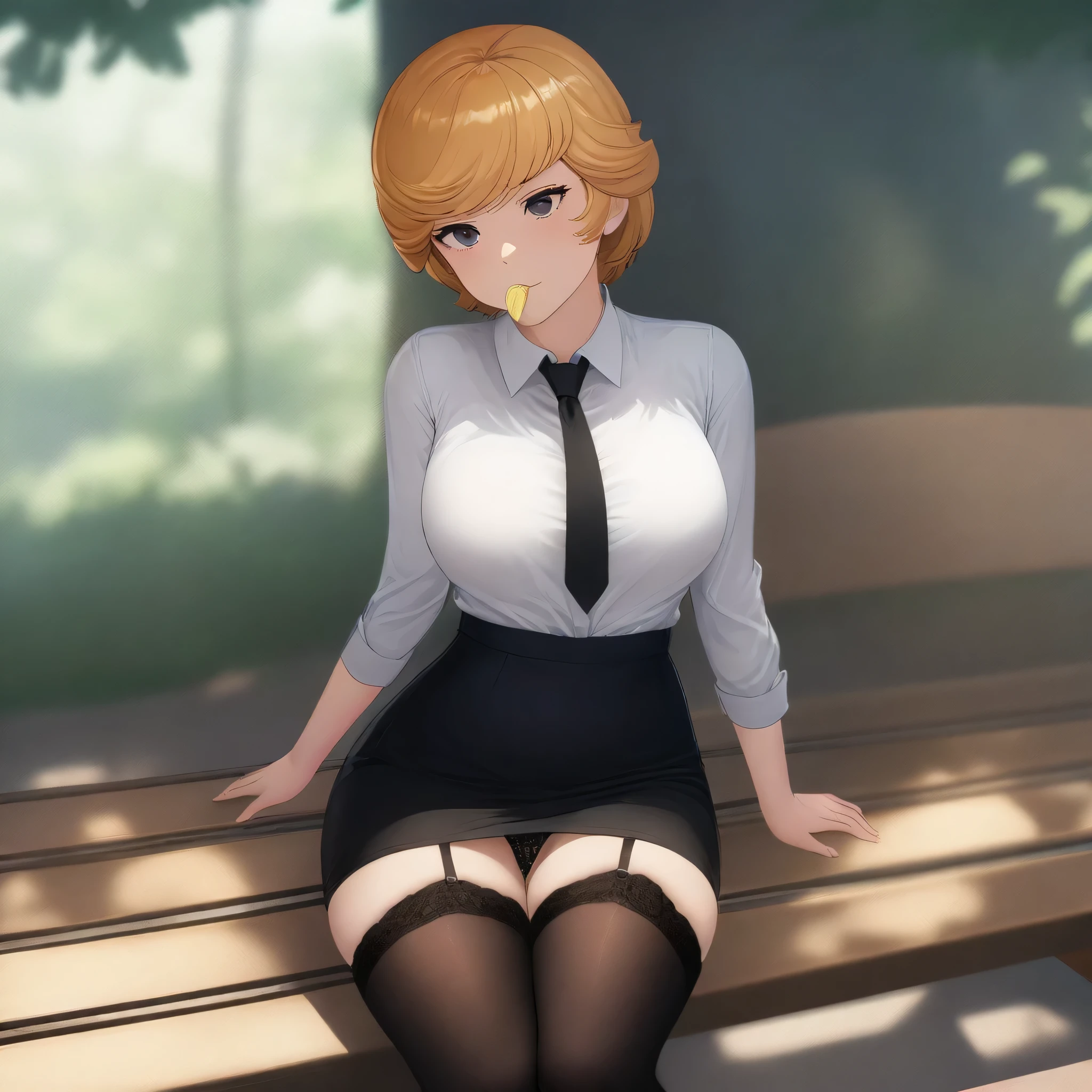 score_9, score_8_up, score_7_up,score_6_up, score_5_up, highly detailed, lighting and shadowing, light and shadow, high res, 1girl, mineva lao zabi, gundam , opaque white shirt with tie, black (tight skirt:1.2), black thigh high stockings with garter belt, sitting on the bench in the crowded park, spreading thighs, (eating a slice of lemon:1.2), sunlight coming through the window, giga_busty, detailed lace panties, (button_gap:-0.5), masterpiece, best quality, very aesthetic, absurdres