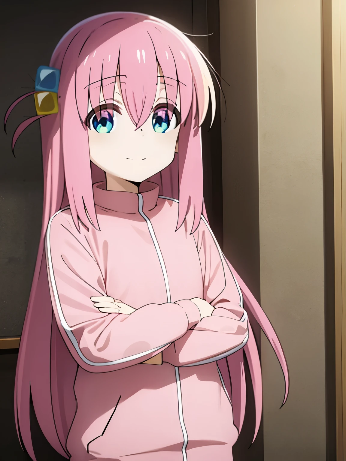 Bocchi, cube hair ornament, pink hair, long hair, pink jacket, blue eyes, hair between eyes,bangs, sidelocks, smile mouth, face of happiness