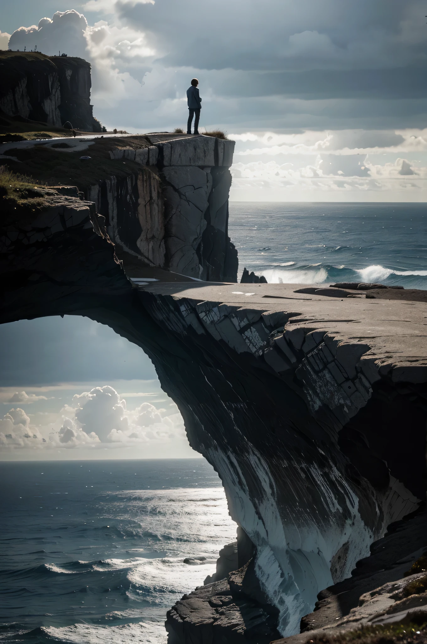 A man standing on the edge of a cliff, looking into the distance, clouds, gray palette, sea