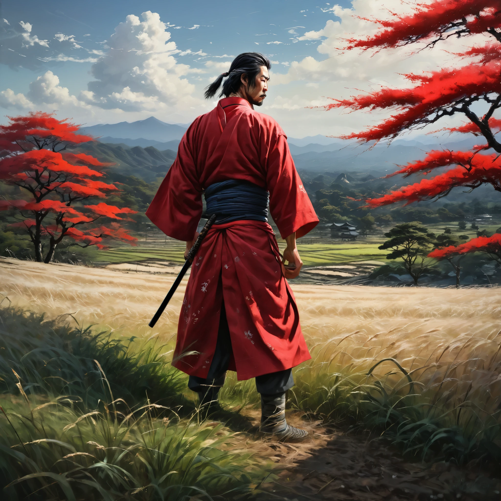 painting of a man in a red kimono standing in a field, feudal japan art, samurai man vagabond, samurai duel, samurai style, ancient japanese samurai, inspired by Kanō Sanraku, pino daeni and dan mumford, miyamoto musashi, japanese samurai, in feudal japan, inspired by Kanō Hōgai