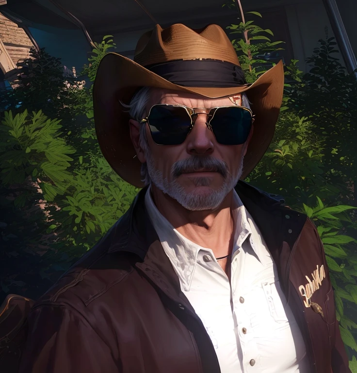 there is a 56 year old man wearing a cowboy hat and sunglasses, Bill, em GTA V, post - cowboy ,cowboy hat and glasses – themed robes and hat