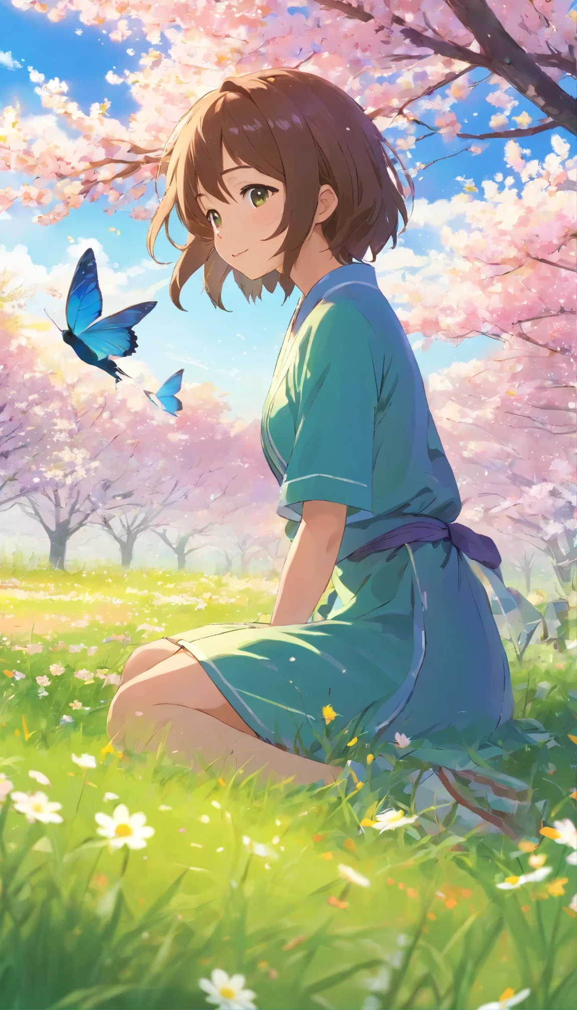 Spring steppe, Blooming Flowers, Vibrant colors, Gentle Breeze, 澄み切ったgreen空, Fun atmosphere, green々Fresh green grass, Singing Bird, Quiet environment, wood々Sunlight shining through the gaps, peace, Natural Beauty, fresh air, Serene landscape, Rejuvenation, A new beginning, Natural Beautyしさ, Cherry blossoms bloom, Butterflies fluttering, Dainty Daisies, Delicate petals, Dancing in the steppe, The silence of the air, Harmonious growth and regeneration, Picturesque views, Idyllic charm, Perfect harmony between man and nature, Smiling girl admiring flowers, The warm sunlight shines on her face, Easygoing and satisfying, Enjoy the beauty of the seasons, Feeling the soft grass under your feet, Capturing the Essence of Spring, A timeless masterpiece, full of vitality and energy (highest quality, High resolution, Realistic), Impressionist paintings come to life, 春のVibrant colorsを捉える, Natural Beautyしさの祭典. Zoom face