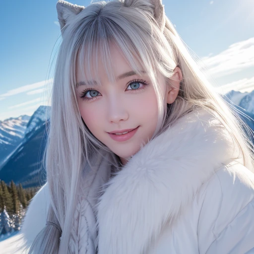 Snowy mountains、White Wolf、 ((highest quality、masterpiece、8k、Best image quality、Ultra-high resolution、Award-winning works)、(Accurate anatomy:1.1)、(Look at me and smile:1.1)、Shining fair skin with Ultra-high resolution、The most detailed face、Ultra-high resolution detailed face、Short, flowing white hair 、Snow weather :1.1)、 Viking fur clothing, Modest chest, A real wolf next to a girl 