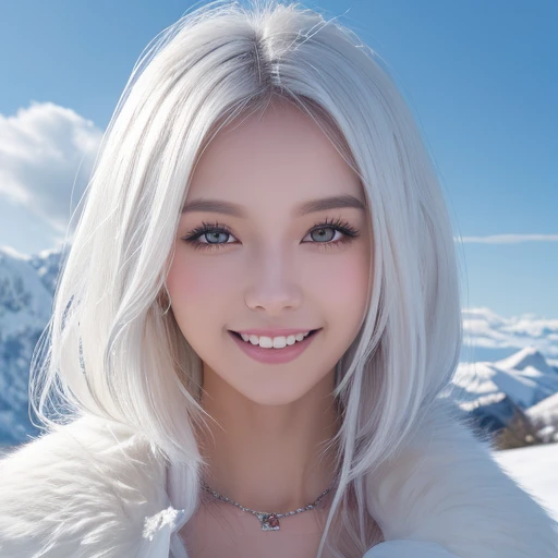 Snowy mountains、White Wolf、 ((highest quality、masterpiece、8k、Best image quality、Ultra-high resolution、Award-winning works)、(Accurate anatomy:1.1)、(Look at me and smile:1.1)、Shining fair skin with Ultra-high resolution、The most detailed face、Ultra-high resolution detailed face、Short, flowing white hair 、Snow weather :1.1)、 Viking fur clothing, Modest chest, A real wolf next to a girl