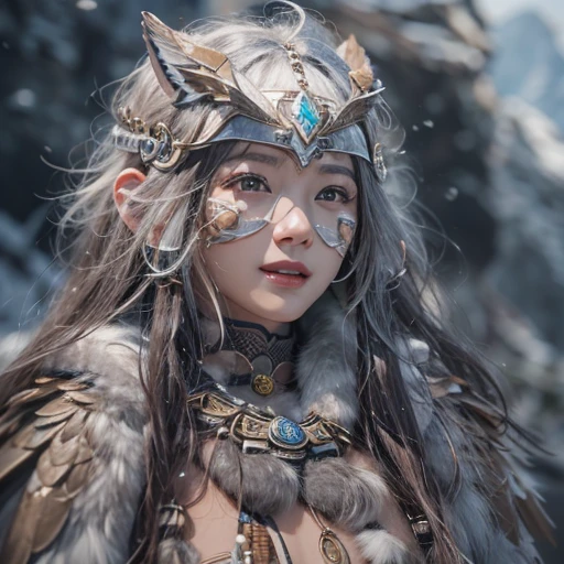 Hiding in the snowy mountains、Hair flow、 ((highest quality、masterpiece、8k、Best image quality、Ultra-high resolution、Award-winning works)、(Accurate anatomy:1.1)、(Look at me and smile:1.1)、Shining fair skin with Ultra-high resolution、The most detailed face、Ultra-high resolution detailed face、Ultra-high resolutionの髪の毛、(Ultra-high resolutionの煌めく瞳:1.1)、Beautiful face drawn in every detail、(Blurred Background:1.1)、Ancient Inuit clothing, Chest to chest, tattoo, Old ruins in the background、Apart from the real giant eagle