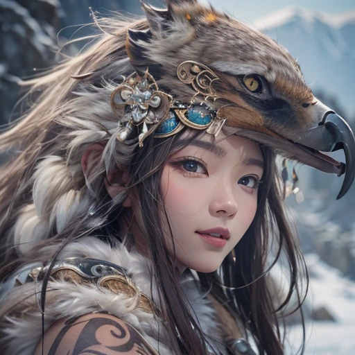 Hiding in the snowy mountains、Hair flow、 ((highest quality、masterpiece、8k、Best image quality、Ultra-high resolution、Award-winning works)、(Accurate anatomy:1.1)、(Look at me and smile:1.1)、Shining fair skin with Ultra-high resolution、The most detailed face、Ultra-high resolution detailed face、Ultra-high resolutionの髪の毛、(Ultra-high resolutionの煌めく瞳:1.1)、Beautiful face drawn in every detail、(Blurred Background:1.1)、Ancient Inuit clothing, Chest to chest, tattoo, Old ruins in the background、Apart from the real giant eagle