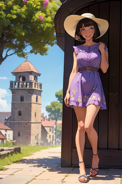 (full body:1.4), Beautiful 18 yo woman of Scottish descent. Brunette, blue eyes, sexy figure, natural breasts, perfect ass, (bob cut),(bangs), Sunhat, sunglasses, lavender floral ruffle dress, sandals. Cute (smile).