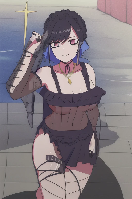 1 chica, solo, rostro detallado, ojos azules, delineado y sombras, sonrisa, alice lendrott, rubia, flequillo barrido, cerraduras laterales, black bikini, black nails, black cinta, gargantilla, clavicle, cruz, cruz pendientes, pendientes, volantes, gold collar, joyas,