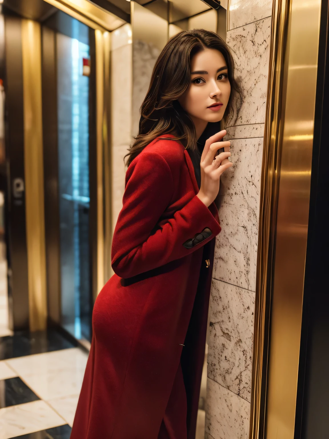 (whole body photoshoot:1 .4)(​masterpiece:1.3), (8K, Photorealsitic, Raw photography, top-quality: 1.4), (1girl in), (A pretty woman with slim figure:1.4), enigmatic beauty, stunning face, beautiful countenance, (Lifelike face), Beautiful hairstyle, Black hair, Long hair, Dark hair, Wavy hairstyle, realisticeyes, beautiful detail, (real looking skin), Beautiful skins, enticing, The ultra -The high-definition, A hyper-realistic, ighly detailed. (beautiful ankle with slim figure: 1.3), Stepping out elevator: 1.3, is walking forward: 1.3, cat walk: 0.5. (Red long woolen coat #(G: 30, R: 255, B: 30): 1.4), (White and midi dress #FFFFF): 1.7), (midi dress: 1.0), (White and midi dress #FFFFF: 1.7), (Red high heel #(G: 30 R: 255, B: 30): 1.7), (Red long woolen coat #(G: 30, R: 255, B: 30): 1.4). (Red high heel #(G: 30 R: 255, B: 30): 1.7), (Classic red high heels: 1.7),  Background: (the elevator hall has white marble wall and floor: 1.3), inside the elevator is warm light
