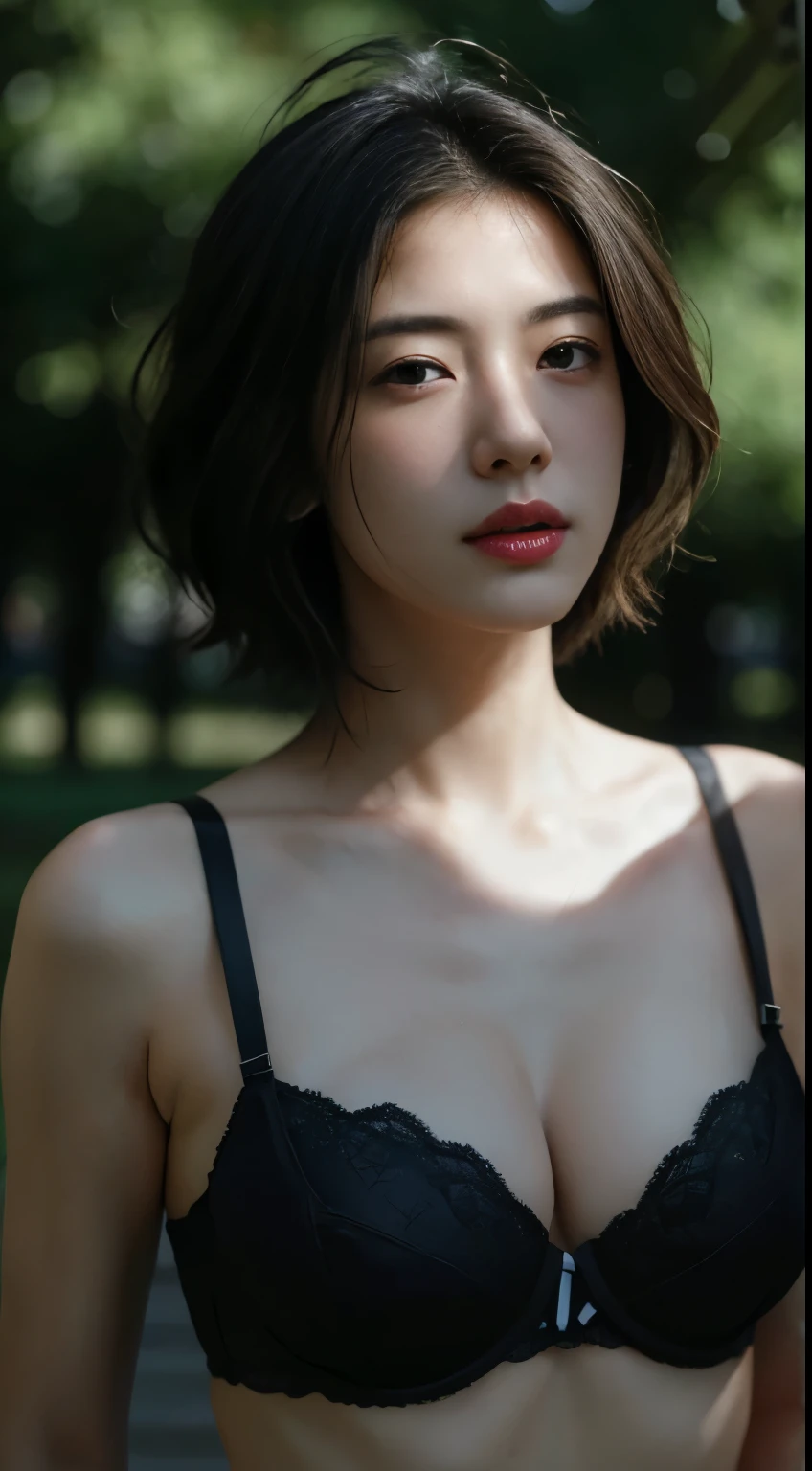Best quality, masterpiece, ultra high res, (photorealistic:1.5), raw photo, 1girl, in the park, deep shadow, low key, cold light, sexy look, short hair, ample bust , bra outlined visible, bra strap