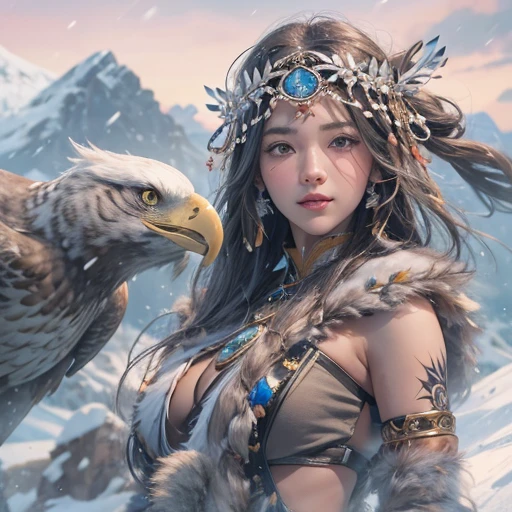 Hiding in the snowy mountains、Hair flow、 ((highest quality、masterpiece、8k、Best image quality、Ultra-high resolution、Award-winning works)、(Accurate anatomy:1.1)、(Look at me and smile:1.1)、Shining fair skin with Ultra-high resolution、The most detailed face、Ultra-high resolution detailed face、Ultra-high resolutionの髪の毛、(Ultra-high resolutionの煌めく瞳:1.1)、Beautiful face drawn in every detail、(Blurred Background:1.1)、Ancient Inuit clothing, Chest to chest, tattoo, Old ruins in the background、Apart from the real giant eagle