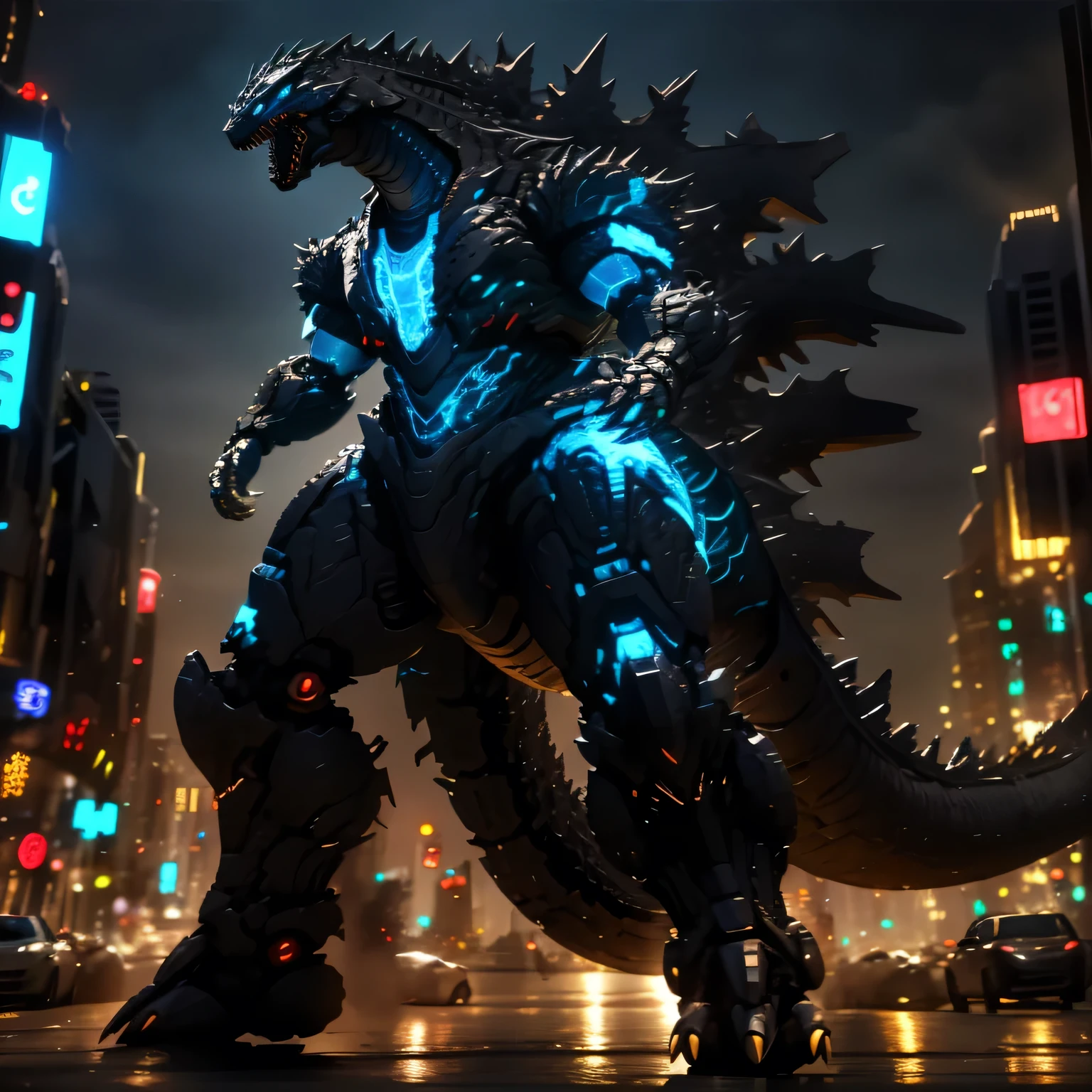 Full Body, Black and Translucent Blue, Godzilla, Robot, Large City, Roaring, Symmetrical, Glowing Body, Round Design, On Two Legs, Godzilla, Mechanical Godzilla