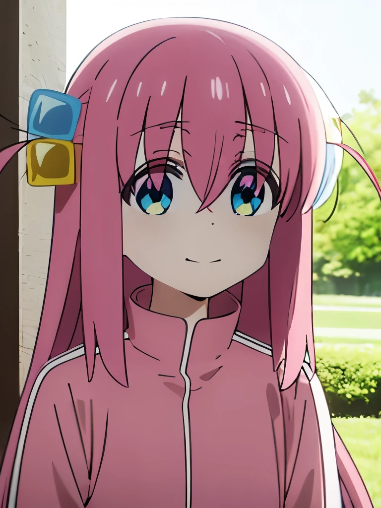 Bocchi, cube hair ornament, pink hair, long hair, pink jacket, blue eyes, hair between eyes,bangs, sidelocks, smile mouth, face of happiness 