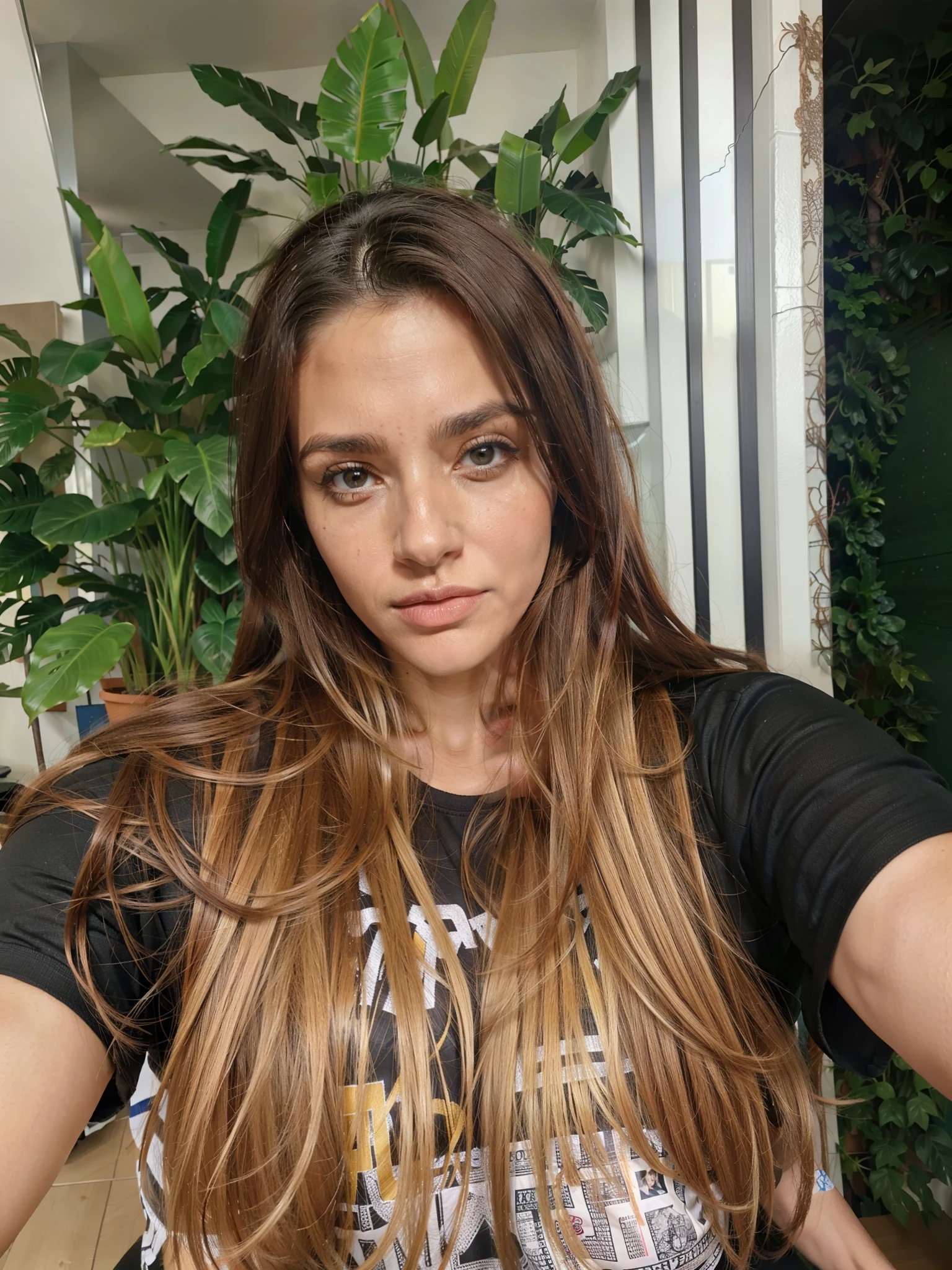 Uma linda Mulher, Extremamente realista, usando blusa preta, cabelo longo, selfie, fitness, sexy, merged office