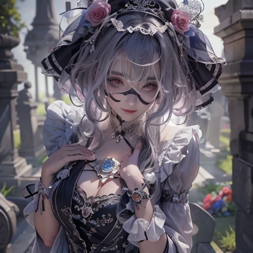 Standing in the grave、Hair flow、 ((highest quality、masterpiece、8k、Best image quality、Ultra-high resolution、Award-winning works)、(Accurate anatomy:1.1)、(Look at me and smile:1.1)、Shining fair skin with Ultra-high resolution、The most detailed face、Ultra-high resolution detailed face、Ultra-high resolutionの髪の毛、(Ultra-high resolution eye:1.1)、Beautiful face drawn in every detail、Cheerful clown costume, Chest to chest,  Strange atmosphere, Ghosts flow, Dark Light, At the cemetery, Heavy makeup 