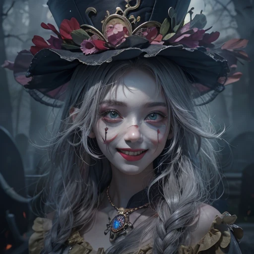 Standing in the grave、Hair flow、 ((highest quality、masterpiece、8k、Best image quality、Ultra-high resolution、Award-winning works)、(Accurate anatomy:1.1)、(Look at me and smile:1.1)、Shining fair skin with Ultra-high resolution、The most detailed face、Ultra-high resolution detailed face、Ultra-high resolutionの髪の毛、(Ultra-high resolution eye:1.1)、Beautiful face drawn in every detail、Cheerful clown costume, Chest to chest, Strange atmosphere, Ghosts flow, Dark Light, At the cemetery, Heavy makeup