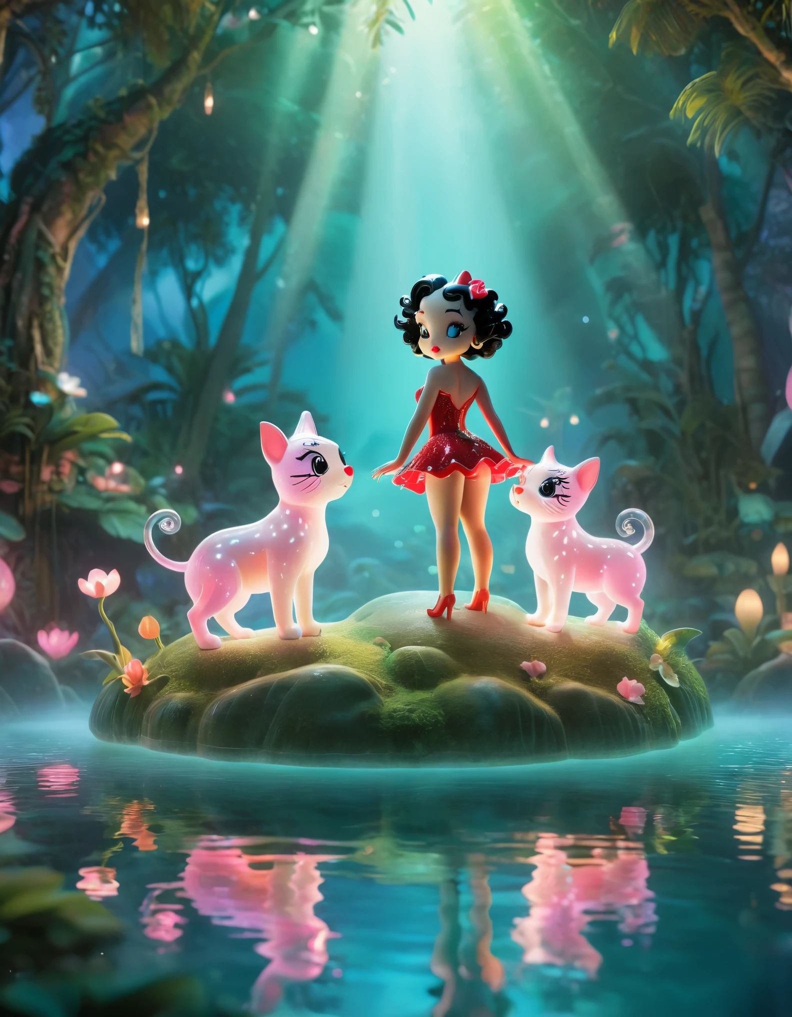 A beautiful detailed Betty Boop, ethereal dreamscape, floating islands, whimsical creatures, pastel colors, ultra realistic, 8k, vibrant colors, distant full body view, stunning lighting, intricate details, surreal atmosphere, soft focus, dramatic composition, magical realism, fantastical elements