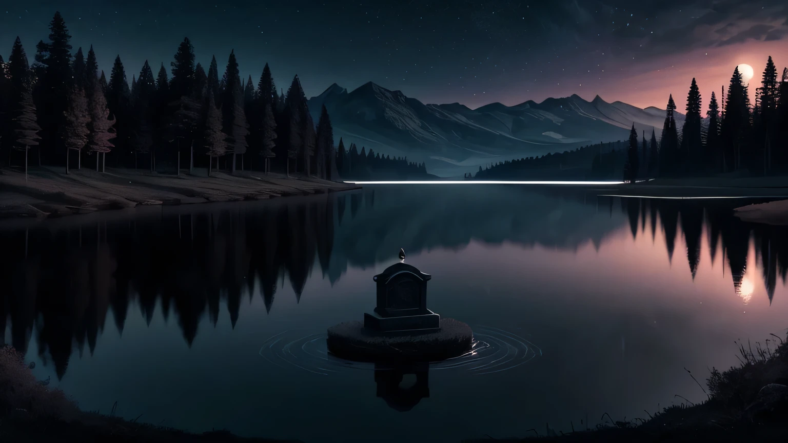 Create a dark and gothic image of a lake at dusk. In the center of the lake, there is a prominent, solitary tombstone. The tombstone should be ancient and detailed, with engraved inscriptions and gothic decorations. The moonlight reflects on the water, creating a beautiful and mysterious effect. Despite the macabre setting, the colors should be lovely and captivating. The atmosphere is melancholic and serene, with a starry night sky and deep shadows around the lake. The style should be gothic with an aesthetic touch, highlighting the beauty in the darkness and focusing on the tombstone as the central element, light colors