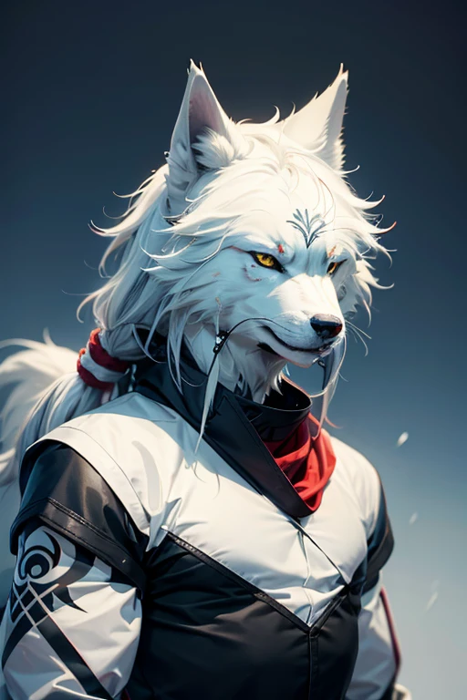 Snow wolf with collar and tattoo