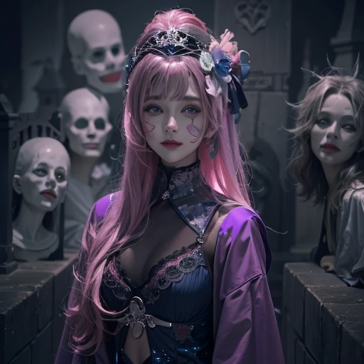 Standing in the grave、Hair flow、 ((highest quality、masterpiece、8k、Best image quality、Ultra-high resolution、Award-winning works)、(Accurate anatomy:1.1)、(Look at me and smile:1.1)、Shining fair skin with Ultra-high resolution、The most detailed face、Ultra-high resolution detailed face、Ultra-high resolutionの髪の毛、(Ultra-high resolution eye:1.1)、Beautiful face drawn in every detail、Cheerful clown costume, Chest to chest, Strange atmosphere, Ghosts flow, Dark Light, At the cemetery, Heavy makeup