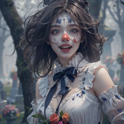 Standing in the grave、Hair flow、 ((highest quality、masterpiece、8k、Best image quality、Ultra-high resolution、Award-winning works)、(Accurate anatomy:1.1)、(Look at me and smile:1.1)、Shining fair skin with Ultra-high resolution、The most detailed face、Ultra-high resolution detailed face、Ultra-high resolutionの髪の毛、(Ultra-high resolution eye:1.1)、Beautiful face drawn in every detail、Cheerful clown costume, Chest to chest, Strange atmosphere, Ghosts flow, Dark Light, At the cemetery, Heavy makeup
