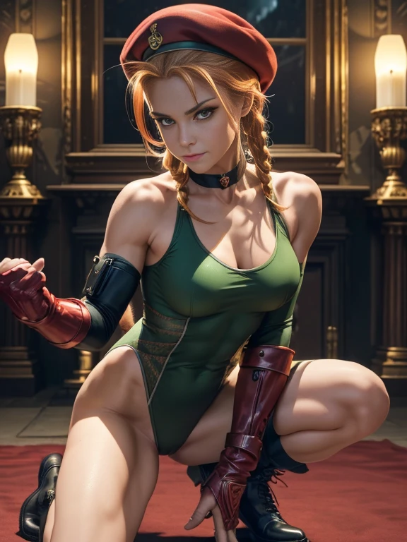 "(exquisitely detailed CG unity 8k wallpaper, masterpiece-quality with stunning realism), (best illumination, best shadow), (best quality), (elegant and demonic style:1.2), Arti modern anime. angled view, heroic pose, closeup full body portrait of stunningly beautiful mature cammy from street fighter, Masterpiece, best quality, highres, , Cammy white, twin braids, long hair, blonde hair, antenna hair, beret, (red headwear:1.3), blue eyes, scar on cheek, green tight leotard, large breasts, sleeveless, red gloves, fingerless gloves, camouflage, hard , large ass, abs, a little muscular, revealing, depth of field blur effect, night, full zoom, action portrait, photorealistic. cinematic lighting, highly detailed. best quality, 4k, Better hand, perfect anatomy, leaning forward, foreshortening effects, coy flirty sexy expression, foreshortening effect, (piercing eyes:0.8), surrounded by an ominous and dark atmosphere, accentuated by dramatic and striking lighting, imbued with a sense of surreal fantasy". (patting a small cat:1.5) wearing laced military boots:1.5), (inside an extravagant British castle at night:1.5) (happy and smiling:1)(crouching down:1)