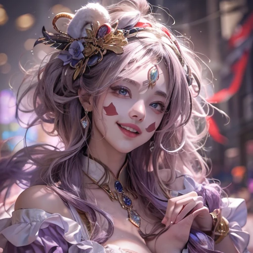 Hiding at the masquerade、Hair flow、 ((highest quality、masterpiece、8k、Best image quality、Ultra-high resolution、Award-winning works)、(Accurate anatomy:1.1)、(Look at me and smile:1.1)、Shining fair skin with Ultra-high resolution、The most detailed face、Ultra-high resolution detailed face、Ultra-high resolutionの髪の毛、(Ultra-high resolutionの煌めく瞳:1.1)、Beautiful face drawn in every detail、(Blurred Background:1.1)、Cheerful clown costume, Chest to chest, tattoo,、Wearing a Venetian mask