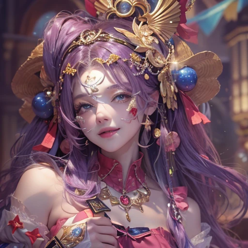 Hiding at the masquerade、Hair flow、 ((highest quality、masterpiece、8k、Best image quality、Ultra-high resolution、Award-winning works)、(Accurate anatomy:1.1)、(Look at me and smile:1.1)、Shining fair skin with Ultra-high resolution、The most detailed face、Ultra-high resolution detailed face、Ultra-high resolutionの髪の毛、(Ultra-high resolutionの煌めく瞳:1.1)、Beautiful face drawn in every detail、(Blurred Background:1.1)、Cheerful clown costume, Chest to chest, tattoo,、Wearing a Venetian mask