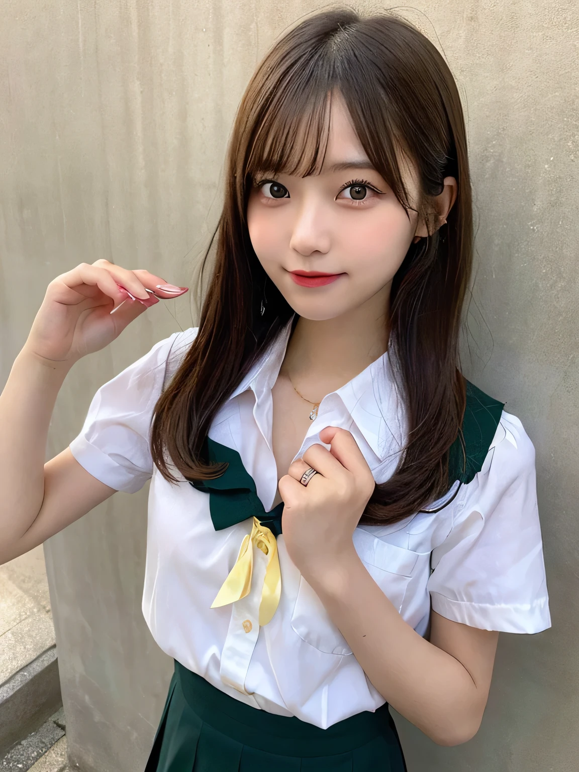 highest quality、figure、Cleavage、sexy、Ultra-detailed、High resolution、8k wallpaper、Perfect dynamic composition,、Beautiful fine details、Natural color lip、Bold sexy pose、smile、、cute、Sexy shot looking at the camera、(highest quality: 1.3), (masterpiece: 1.3), (Super Detail: 1.3), (One Girl: 1.1), (Detailed hands and fingers:1.2)、(Ultra-oily, lustrous skin with attention to detail:1.1)、Oily、(The perfect school girl uniform:1.3)、Short-sleeved shirt with front opening、Cleavage、sexy、(Beautiful shapely small breasts:1.3)、(Green mini skirt:1.2)、I can see your thighs、Brown Hair、Very Short Hair、Beautiful sister、Yellow wall,sexy、I can see your thighs、