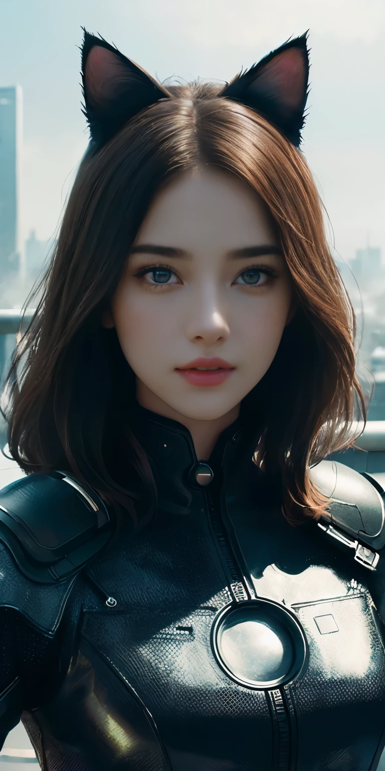 (1girl:1.3), Solo, (((Very detailed face)))), ((Very detailed eyes and face)))), Beautiful detail eyes, Body parts__, Official art, Unified 8k wallpaper, Super detailed, beautiful and beautiful, beautiful, masterpiece, best quality, original, masterpiece, super fine photo, best quality, super high resolution, realistic realism, sunlight, full body portrait, amazing beauty, dynamic pose, delicate face, vibrant eyes, (from the front), She wears cat woman suit, red and black color scheme, cat, very detailed city roof background, rooftop, overlooking the city, detailed face, detailed complex busy background, messy, gorgeous, milky white, highly detailed skin, realistic skin details, visible pores, clear focus, volumetric fog, 8k uhd, DSLR, high quality, film grain, fair skin, photo realism, lomography, futuristic dystopian megalopolis, translucent