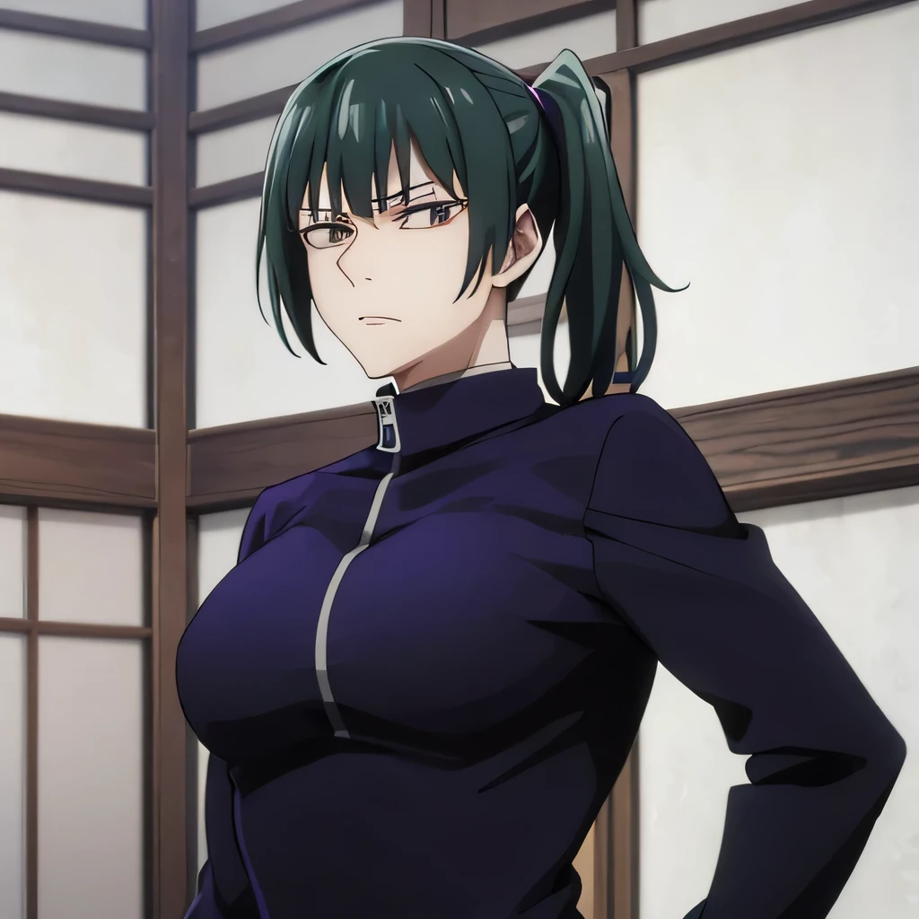 Maki Zenin From Jujutsu Kaisen,Female Verison,Using Half shirt clothes,With Bigger Chest,Hair colur green,HD Quality,4k Resolution