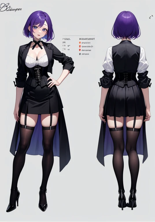 Purple hair,Short hair,Adult female,(Bartender),((Body harness)),((Black vest)),(Rolling up your sleeves shirt),(Corset),(Above knee length skirt),High heels,((Simple background)),Smile,((Full body)),((whole body)),Character Sheet,