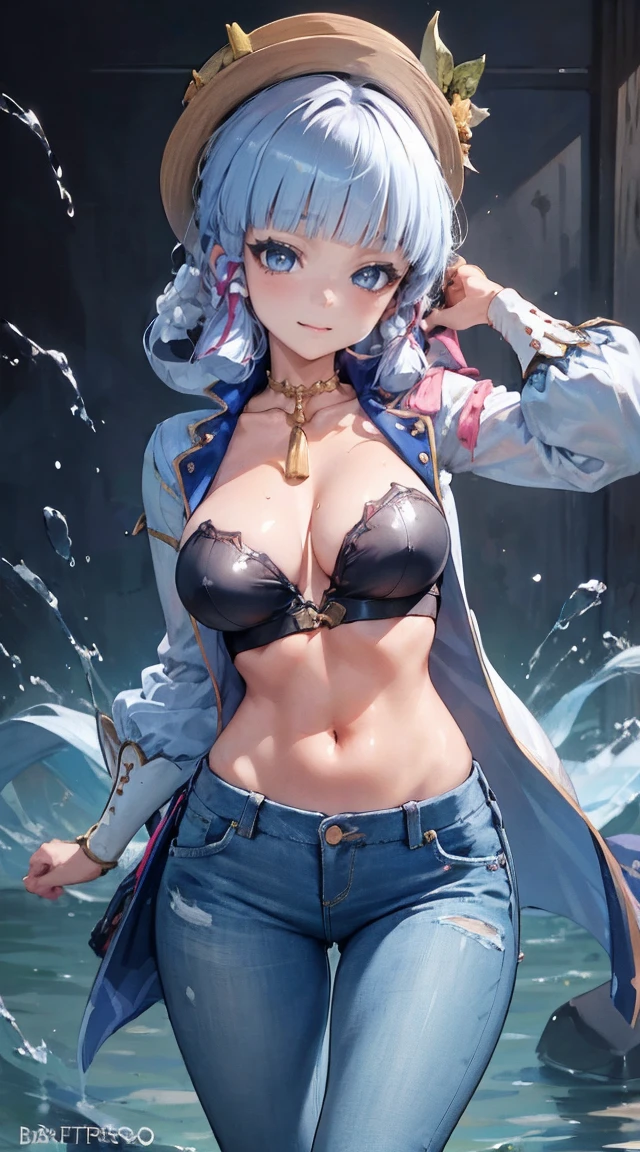 kamisato ayaka|impacto genshin, obra de arte, melhor qualidade, 1 s,25 anos de idade, bermuda jeans, Seios grandes, ,Apenas, corte superior, bermuda jeans, Gargantilha, (grafite:1.5), Purple lightning pattern splash., olhando pelas costas, de joelhos, thigh strap, tilt your head, entediado, water eyes,