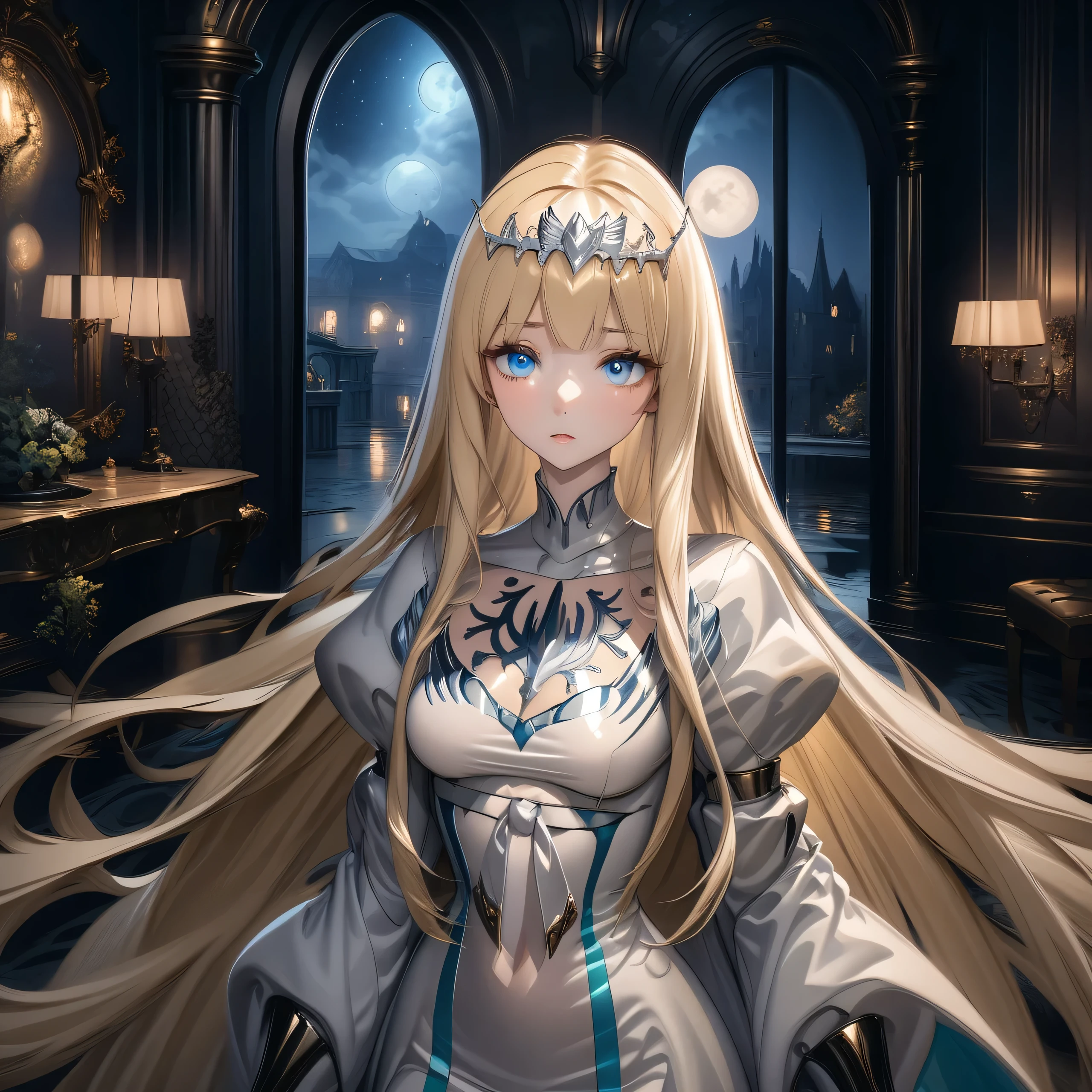 hyper-detailed render style, glow, yellow, blue, surreal oil painting, shiny eyes, closeup, exaggerated perspective, Tyndall effect, a holographic white, beautiful background, 1girl, solo, Calca, Calca Bessarez, blonde hair, extremely long hair, very long hair, white tiara, silver tiara, white dress, blue eyes, medium chest, very short neck, extremely short neck, beautiful scenery, night time, in door, in gothic victorian style mansion, luxurious room, detailed room