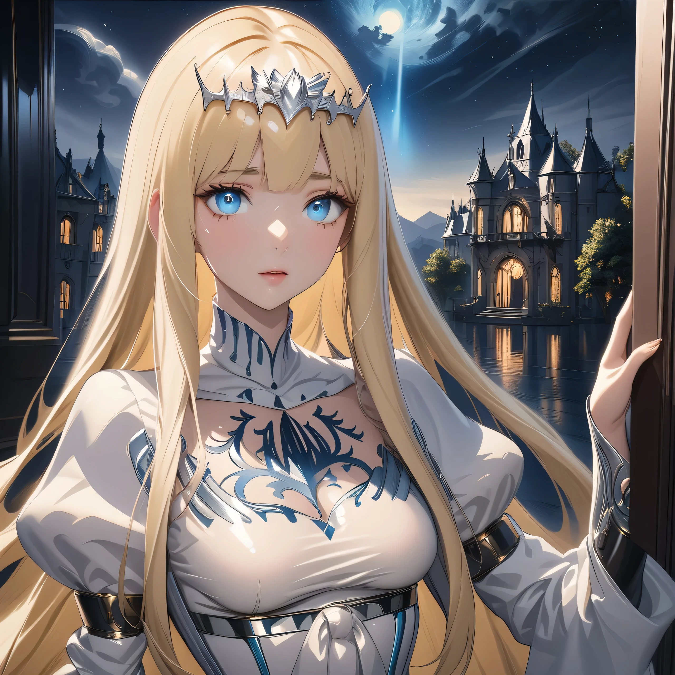 hyper-detailed render style, glow, yellow, blue, surreal oil painting, shiny eyes, closeup, exaggerated perspective, Tyndall effect, a holographic white, beautiful background, 1girl, solo, Calca, Calca Bessarez, blonde hair, extremely long hair, very long hair, white tiara, silver tiara, white dress, blue eyes, medium chest, very short neck, extremely short neck, beautiful scenery, night time, in door, in gothic victorian style mansion, luxurious room, detailed room