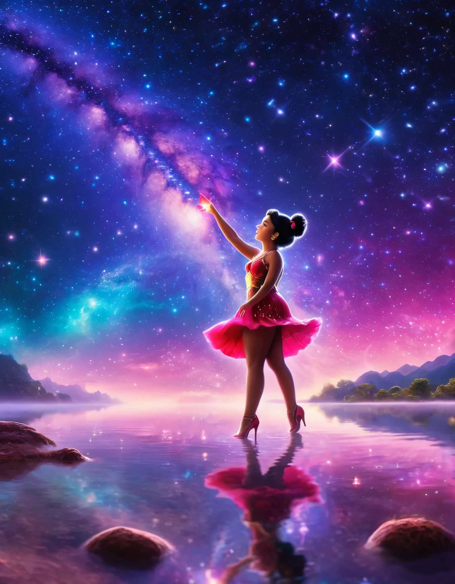 Betty Boop exploring a celestial realm with sparkling stars, glowing nebulae, and surreal landscapes., ultra realistic, 8k, vibrant colors