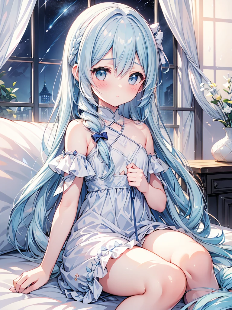 masterpiece, best quality, extremely detailed, (illustration, official art:1.1), 1 girl ,(((( light blue long hair)))), light blue hair, ,10 years old, long hair ((blush)) , cute face, big eyes, masterpiece, best quality,(((((a very delicate and beautiful girl))))),Amazing,beautiful detailed eyes,blunt bangs((((little delicate girl)))),tareme(true beautiful:1.2), (best quality, highres, masterpiece:1.2), beautiful girl, sitting alone, looking at the viewer, , long hair, hair bow, pajamas, polka dots, indoor, bedroom, pillow, holding a pillow, hugging a pillow, window, night sky, stuffed animal, messy room, curtains, closed mouth, blushing, sweat drops、(flat chest),shinshitsu,night