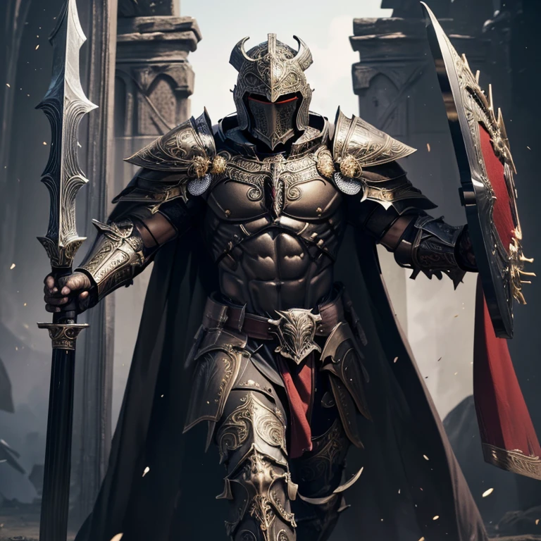 master piece, best quality, 4k, (master piece:1.5), (best quality:1.5), 8k,wallpaper, Full Body, A Male dark fantasy knight wearing an intricate elaborate white armor with black ornaments, hoplite general helmet, red large cape, wearing a long spear, in front of a giant gate, front gate background