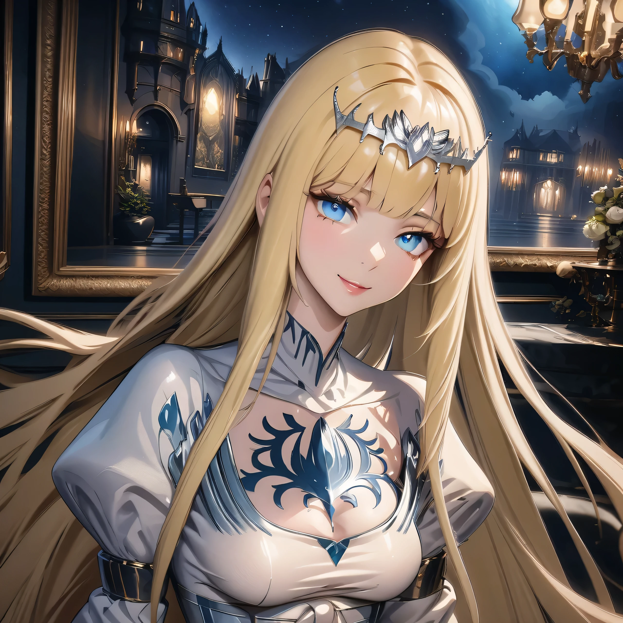 hyper-detailed render style, glow, yellow, blue, surreal oil painting, shiny eyes, closeup, exaggerated perspective, Tyndall effect, a holographic white, beautiful background, 1girl, solo, Calca, Calca Bessarez, blonde hair, extremely long hair, very long hair, white tiara, silver tiara, white dress, blue eyes, medium chest, very short neck, extremely short neck, beautiful scenery, night time, indoor, in gothic victorian style mansion, luxurious room, detailed room, smile, seductive pose