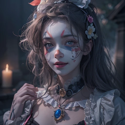 Standing in the grave、Hair flow、 ((highest quality、masterpiece、8k、Best image quality、Ultra-high resolution、Award-winning works)、(Accurate anatomy:1.1)、(Look at me and smile:1.1)、Shining fair skin with Ultra-high resolution、The most detailed face、Ultra-high resolution detailed face、Ultra-high resolutionの髪の毛、(Ultra-high resolution eye:1.1)、Beautiful face drawn in every detail、Cheerful clown costume, Chest to chest, Strange atmosphere, Ghosts flow, Dark Light, At the cemetery, Heavy makeup