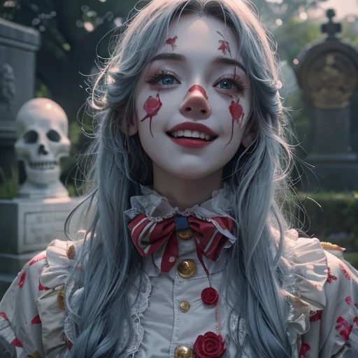 Standing in the grave、Hair flow、 ((highest quality、masterpiece、8k、Best image quality、Ultra-high resolution、Award-winning works)、(Accurate anatomy:1.1)、(Look at me and smile:1.1)、Shining fair skin with Ultra-high resolution、The most detailed face、Ultra-high resolution detailed face、Ultra-high resolutionの髪の毛、(Ultra-high resolution eye:1.1)、Beautiful face drawn in every detail、Cheerful clown costume, Chest to chest, Strange atmosphere, Ghosts flow, Dark Light, At the cemetery, Heavy makeup