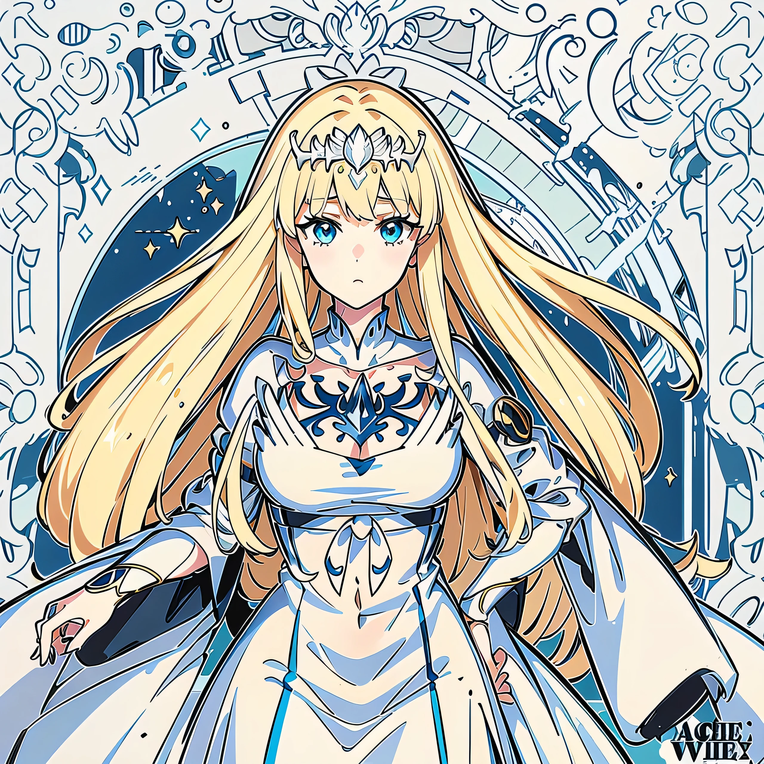 anime, portrait, 4k, 1girl, solo, Calca, Calca Bessarez, blonde hair, extremely long hair, very long hair, white tiara, silver tiara, white dress, blue eyes, medium chest, full body, dynamic pose