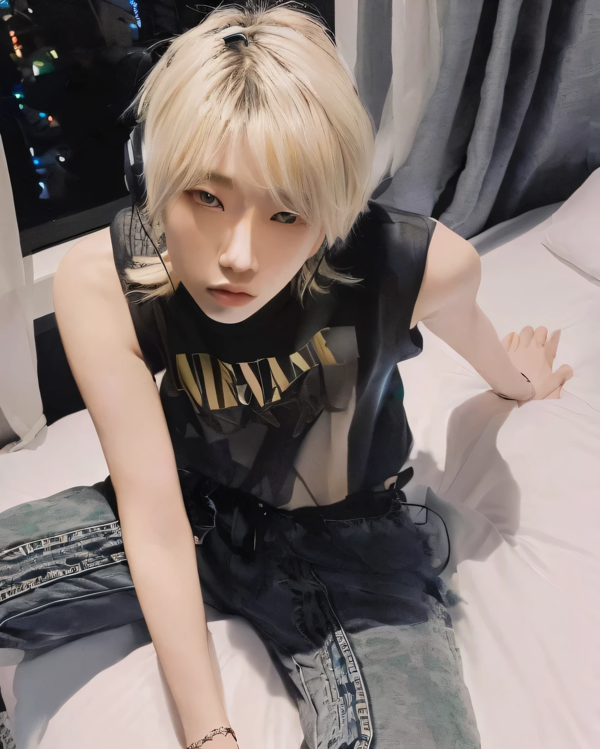 blond haired girl with headphones sitting on a bed in a room, cai xukun, jinyoung shin, portrait a woman like reol, xqc, male ulzzang, ulzzang, sun yunjoo, e-girl, e - girl, kim doyoung, 2 b, 2b, shikamimi, roseanne park of blackpink, janice sung