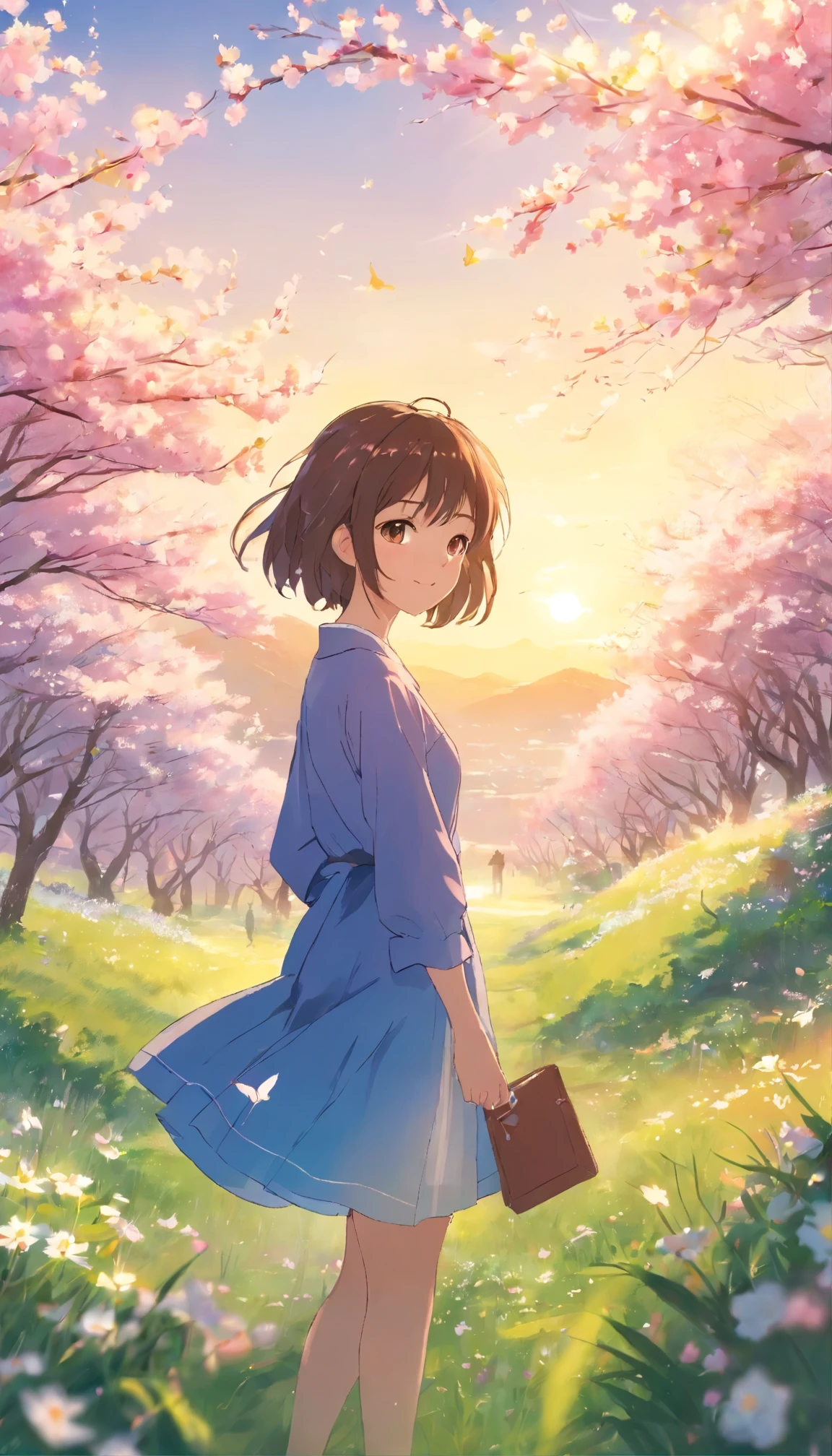 Spring steppe, Blooming Flowers, Vibrant colors, Gentle Breeze, 澄み切ったgreen空, Fun atmosphere, green々Fresh green grass, Singing Bird, Quiet environment, wood々Sunlight shining through the gaps, peace, Natural Beauty, fresh air, Serene landscape, Rejuvenation, A new beginning, Natural Beautyしさ, Cherry blossoms bloom, Butterflies fluttering, Dainty Daisies, Delicate petals, Dancing in the steppe, The silence of the air, Harmonious growth and regeneration, Picturesque views, Idyllic charm, Perfect harmony between man and nature, Smiling girl admiring flowers, The warm sunlight shines on her face, Easygoing and satisfying, Enjoy the beauty of the seasons, Feeling the soft grass under your feet, Capturing the Essence of Spring, A timeless masterpiece, full of vitality and energy (highest quality, High resolution, Realistic), Impressionist paintings come to life, 春のVibrant colorsを捉える, Natural Beautyしさの祭典. Zoom face