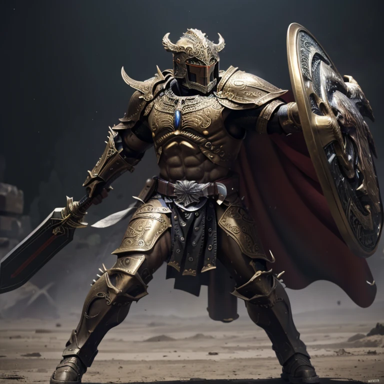 master piece, best quality, 4k, (master piece:1.5), (best quality:1.5), 8k,wallpaper, Full Body, A Male dark fantasy knight wearing an intricate elaborate white armor with black ornaments, hoplite general helmet, red large cape, wearing a long spear, in front of a giant gate, front gate background